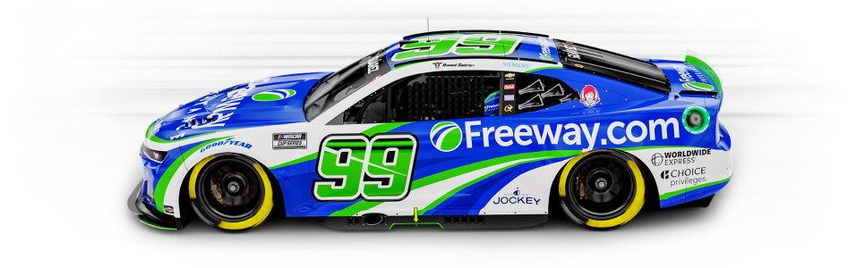 Side view of Daniel Suarez's Freeway Sponsored Chevrolet race car with the number 99 on the door