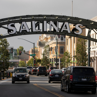 Sunlight shines on a new Salinas archway in the historic city center.