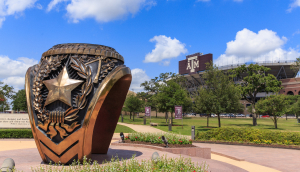 Texas A&M University college campus and stadium with class ring statue: Heart of Aggieland cheap car insurance in Texas.