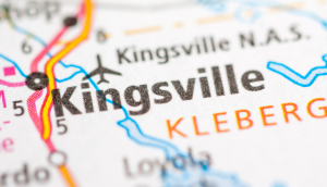 Kingsville, TX on a road map of the state of Texas: Cheap car insurance in the Long Star State.