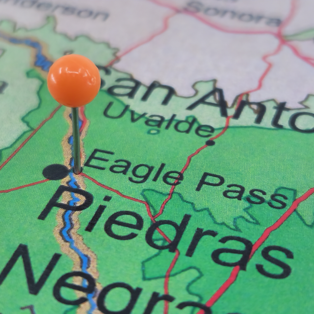 Eagle Pass, TX marked by an orange tack on a Texas road map: Eagle Pass affordable car insurance in Texas.