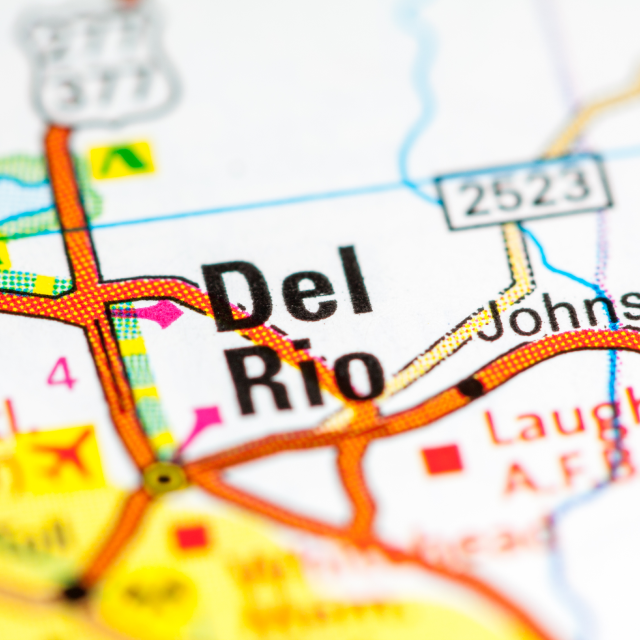 Del Rio on a Road Map of Southern Texas: City of Rivers cheap car insurance in Texas.