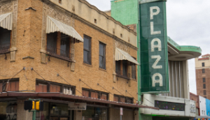 Street view of the Plaza Theater built in 1950 in Laredo, Texas. Cheap car insurance in The Lone Star State.