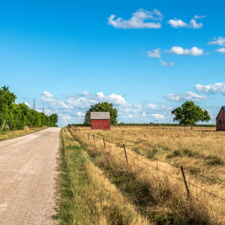 An abandoned old barn in Rural Texas with the state flag painted on its roof sits in a farmland community framed by fields and a dirt road: Levelland cheap car insurance in The Lone Star State.