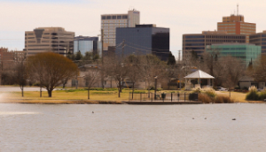 Downtown as viewed from Wadley Barron Park in Midland, TX: Cheap car insurance in Texas.