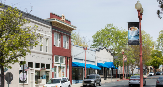 Historic downtown main street and buildings in Antioch, California: Cheap car insurance in The Gateway to the Delta.