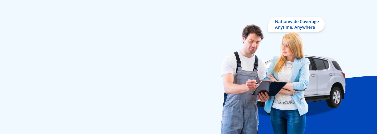 Smiling mechanic with clipboard goes over a paintless dent repair checklist with a smiling Anglo woman customer standing in front of car.