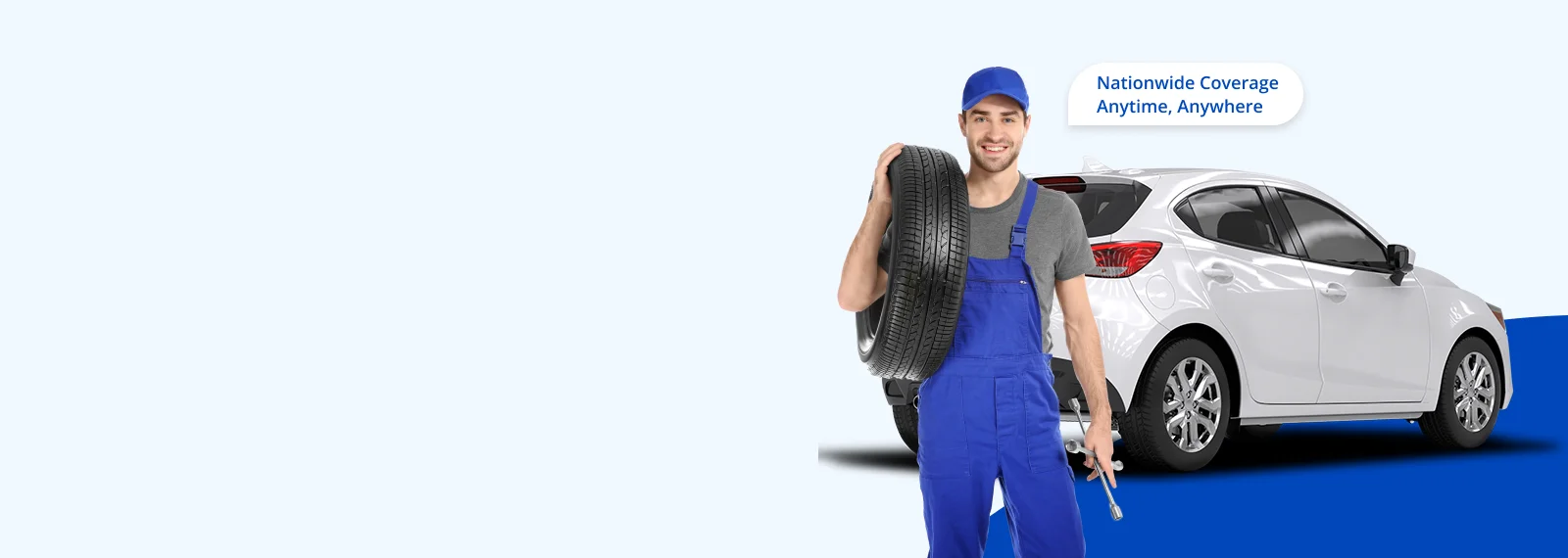 Smiling mechanic dressed in blue overalls, holding a tire with one hand over his shoulder and a spider lug wrench in the other hand, standing behind a white car.