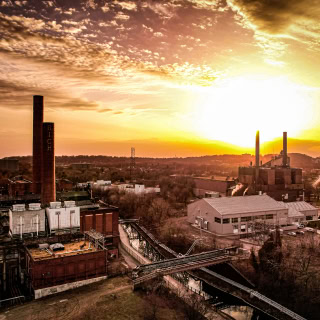 Aerial sunset over an industrial mill in Akron, Ohio.