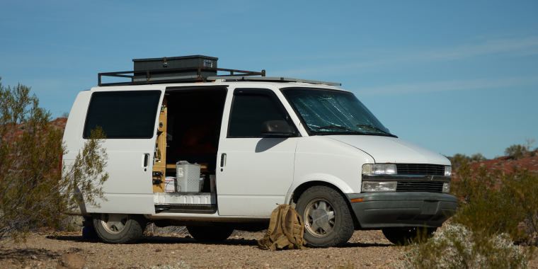 White Camper Van Conversion, Dispersed Backcountry Campsite in Arizona Desert