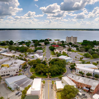 Aerial view of downtown Sebring Florida during the day in summer.