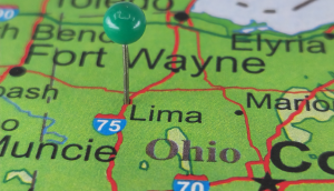 Lima, Ohio marked by a green map tack. The City of Lima is the county seat of Allen County, OH.