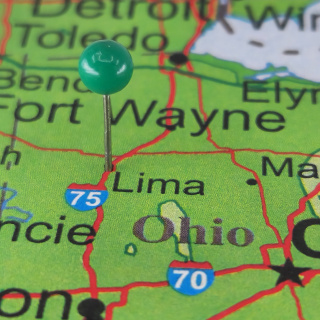 Lima, Ohio marked by a green map tack. The City of Lima is the county seat of Allen County, OH.