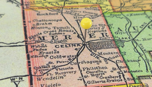 Mercer County, Ohio marked by a yellow tack on a colorful vintage map. The county seat is located in the city of Celina, OH.
