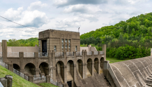 Dover, Ohio/USA-May 16, 2019: Panorama of the concrete Dover Dam that was built in 1935 by the Army Corp of Engineers on the Tuscarawas River for flood control, water conservation and navigation.