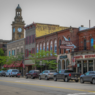 Norwalk,OH - 6/18/19: A row of shops and restaurants in downtown Norwalk, on a weekday morning.