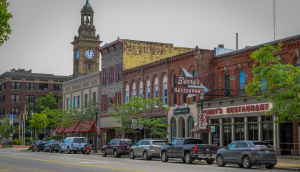 Norwalk,OH - 6/18/19: A row of shops and restaurants in downtown Norwalk, on a weekday morning.