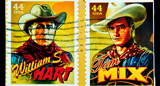 Stamps printed in the USA shows silent film actors William S. Hart and Tom Mix – cheap car insurance in Pennsylvania.