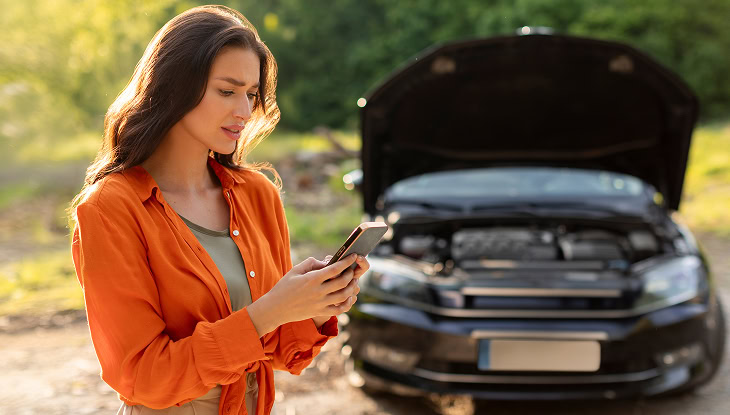 Sad woman has broken down car on roadside, feeling stressed, calling and searching for help. Emergency assistance or insurance service. Affordable roadside services.