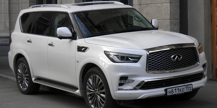 Infiniti QX56, a large SUV crossover with 4x4 and 4WD capabilities, parked on Summer Street near a wall in Novosibirsk, Russia – Infiniti, cheap car insurance.