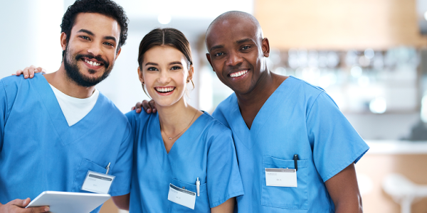 Nurse, medical team and portrait with happiness, pride and diversity for surgery, patient or report
