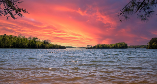 A gorgeous spring landscape at Lanier Point Park with rippling blue water surrounded by lush green trees and plants with powerful cloud at sunset at Lake Lanier in Gainesville – cheap car insurance in Georgia.
