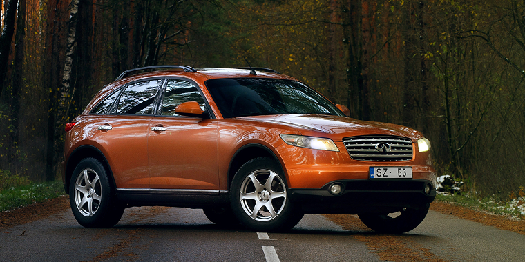 Infinity FX35 similar to FX50 on road in Riga, LV - OCT 27, 2012 – Infiniti, cheap car insurance.