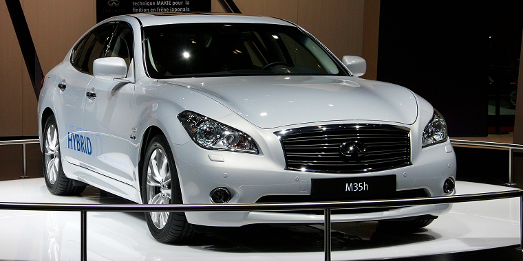 A gray Infiniti M35 Hybrid, very similar to the Infiniti M45, at the 2010 Paris Motor Show at Porte de Versailles on October 11, 2010, in Paris, France – Infiniti, cheap car insurance.