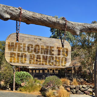 old vintage wood signboard with text welcome to rio rancho hanging on a branch