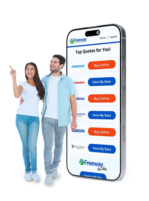 A smiling couple stands next to a large smartphone display showing insurance quotes from multiple providers on the Freeway app.
