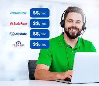 A smiling customer service agent wearing a headset works at a laptop next to a list of insurance providers with monthly price amounts displayed.