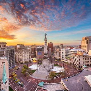 Indianapolis, Indiana, USA skyline over Soliders' and Sailors' Monument at dusk – cheap car insurance in Indiana