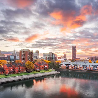 Buffalo, New York, USA downtown city skyline on lake Erie at dawn – cheap car insurance in New York.