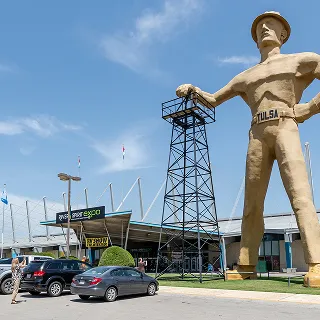 Tulsa Golden Driller statue monument at the Expo Square in Tulsa – cheap car insurance in Oklahoma.
