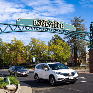 Downtown Roseville archway in California – cheap car insurance in California.