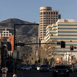 Afternoon traffic passes through the heart of downtown Glendale, California.