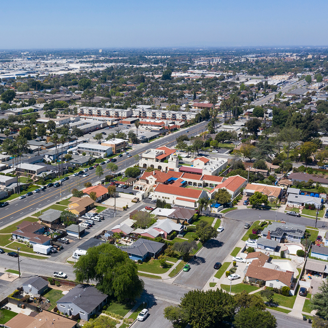 Aerial view of Downtown Fullerton, California.