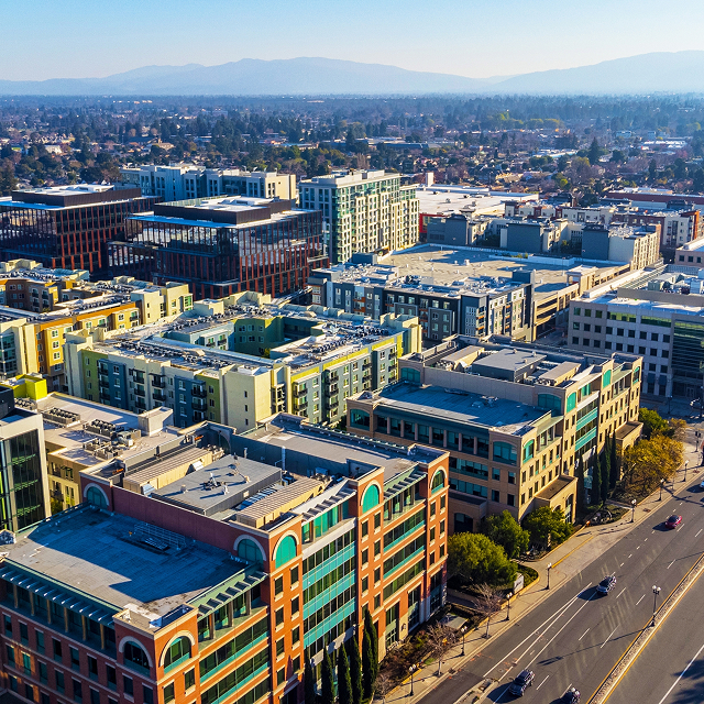 Aerial view of downtown Sunnyvale– cheap car insurance in Sunnyvale, CA.