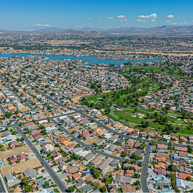 Victorville, Los Angeles LA County, CA, California, September 28, 2025: Aerial Drone City View toward Spring Valley Lake, Ridgecrest Rd, Bear Valley Country Club, Houses, Streets, Townhomes