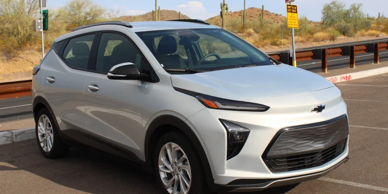Phoenix, Arizona - June 9, 2023: General Motors Chevrolet Bolt EUV is a subcompact crossover SUV electric vehicle, which is made in America for the year of 2022, 2023 and 2024.