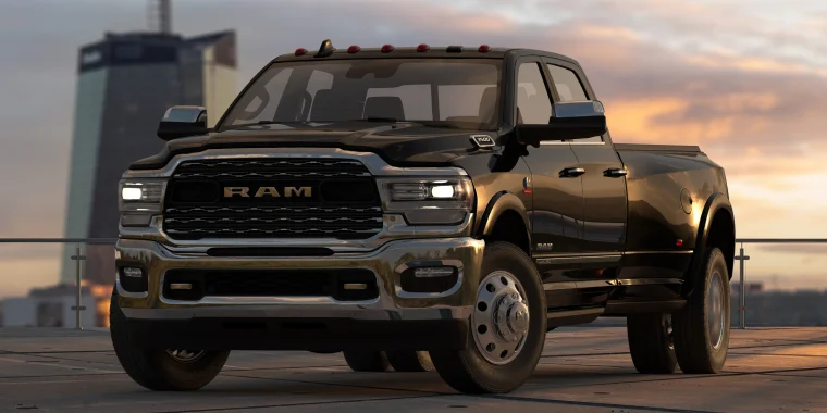 Szczecin, Poland-December 2021: Ram 3500 Classic Pickup Truck in a city parking lot -3d illustration. Cheap car insurance for RAM.