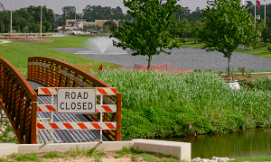Bridge at Historic Flag Park in Conroe, Texas, surrounded by trees and greenery – cheap car insurance in Texas.