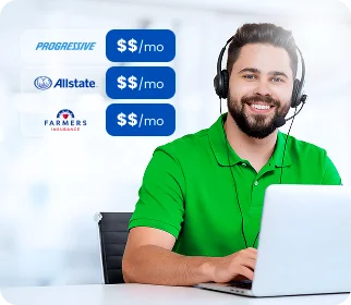 A smiling customer service agent wearing a headset works at a laptop next to a list of insurance providers with monthly price amounts displayed.