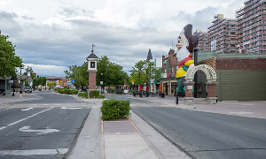 View of downtown Sparks on Victorian Avenue showing Victorian Square facing west with local bars – cheap car insurance in Sparks, NV