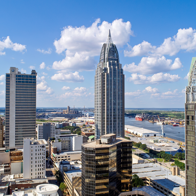 Aerial view of downtown Mobile, Alabama, in September