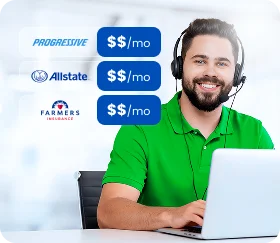 A smiling customer service agent wearing a headset works at a laptop next to a list of insurance providers with monthly price amounts displayed.