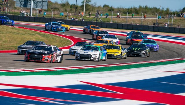 Racers jockey for position for the Echo Park Automotive Grand Prix at Circuit of The Americas in Austin, TX