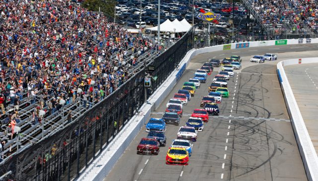 Martinsville, Virginia, USA: Drivers race down the front stretch for the STP 500 at Martinsville Speedway in Martinsville.