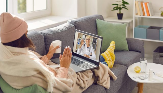 Patient attending a telehealth virtual care Covered CA appointment from home, connecting with a doctor through a secure video consultation for convenient medical care.