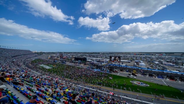 Spectators overlook the crowded Darlington Raceway during a major racing event